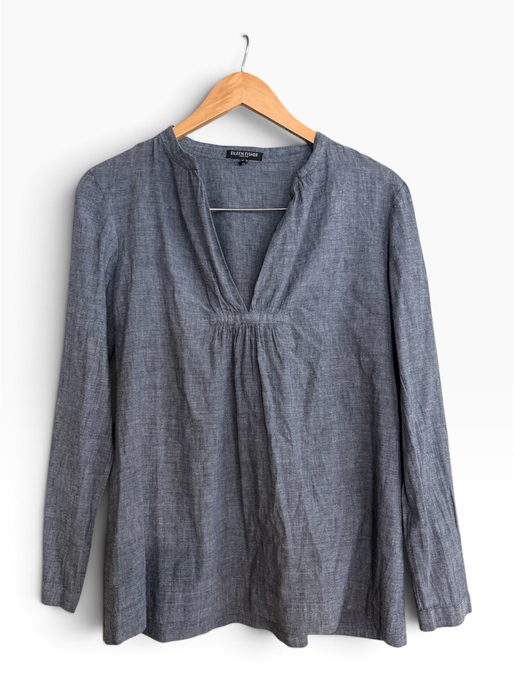 Eileen Fisher Petite Small Breezy Chambray Cotton Linen Split Neck Tunic Blouse